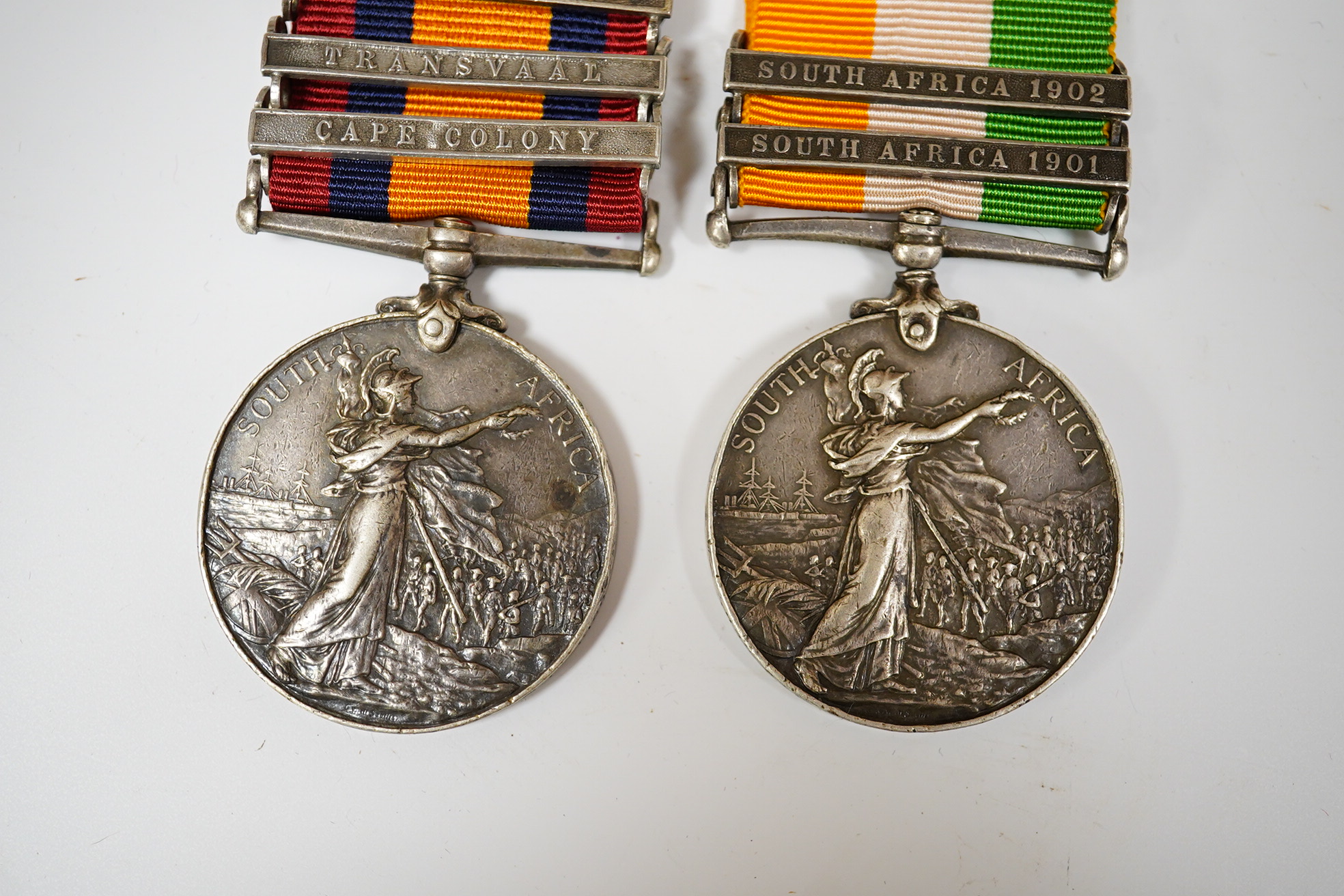 A Queen's South Africa & King's South Africa group of two with SA 1902, Traans and CC/ SA1901 and 1902 clasps to 5519 Pte E.Comber Middlesex Regt